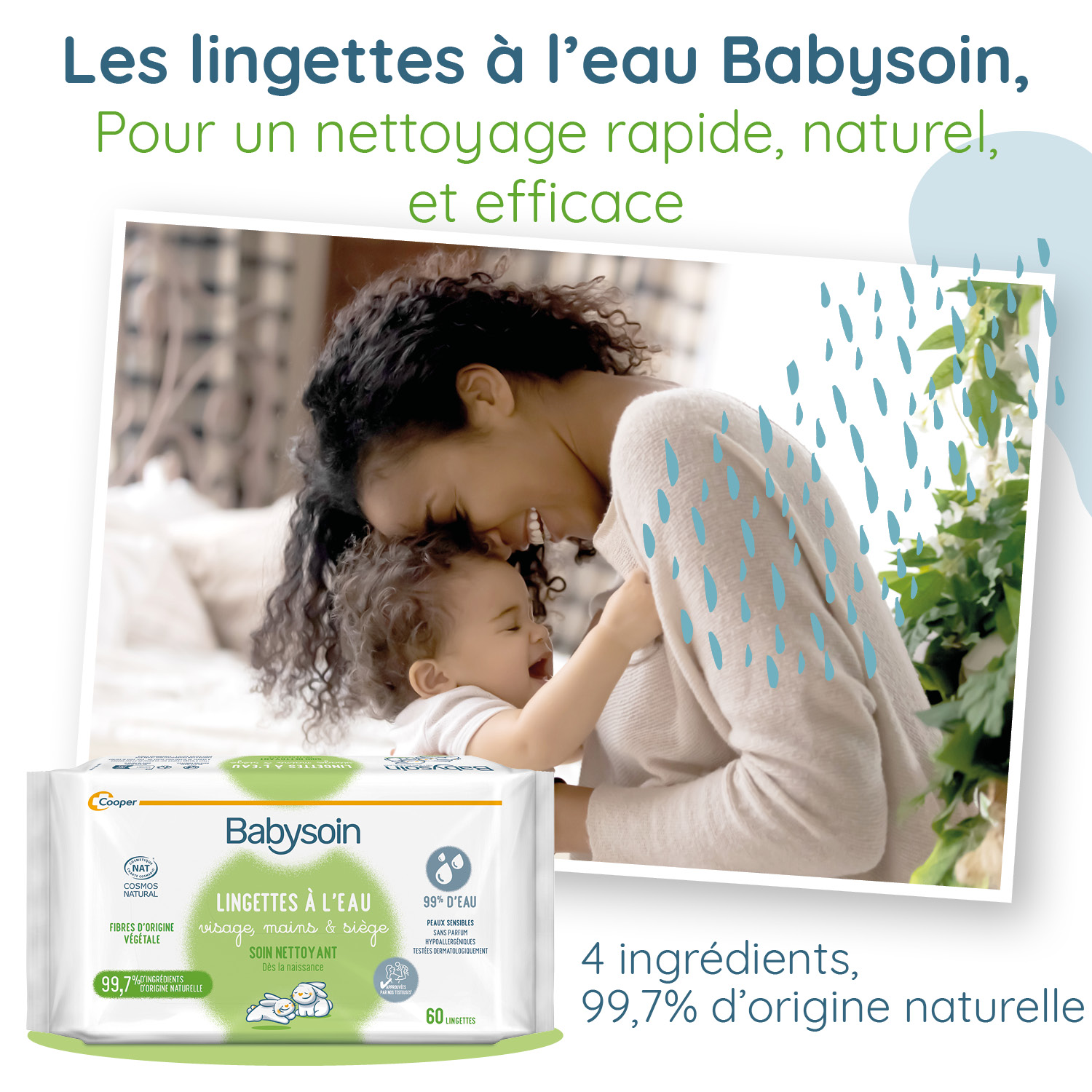 Lingettes Nettoyantes Bébé à l'eau 3 en 1, Soins Toilette et